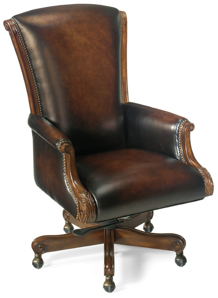 Hooker Furniture Samuel Executive Swivel Tilt Chair With Semi-Aniline Top-Grain Leather, Old World Finish, Ergonomic Adjustments For Long Hours Medium Brown EC245