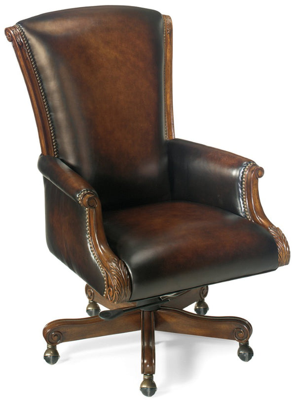 Hooker Furniture Samuel Executive Swivel Tilt Chair With Semi-Aniline Top-Grain Leather, Old World Finish, Ergonomic Adjustments For Long Hours Medium Brown EC245