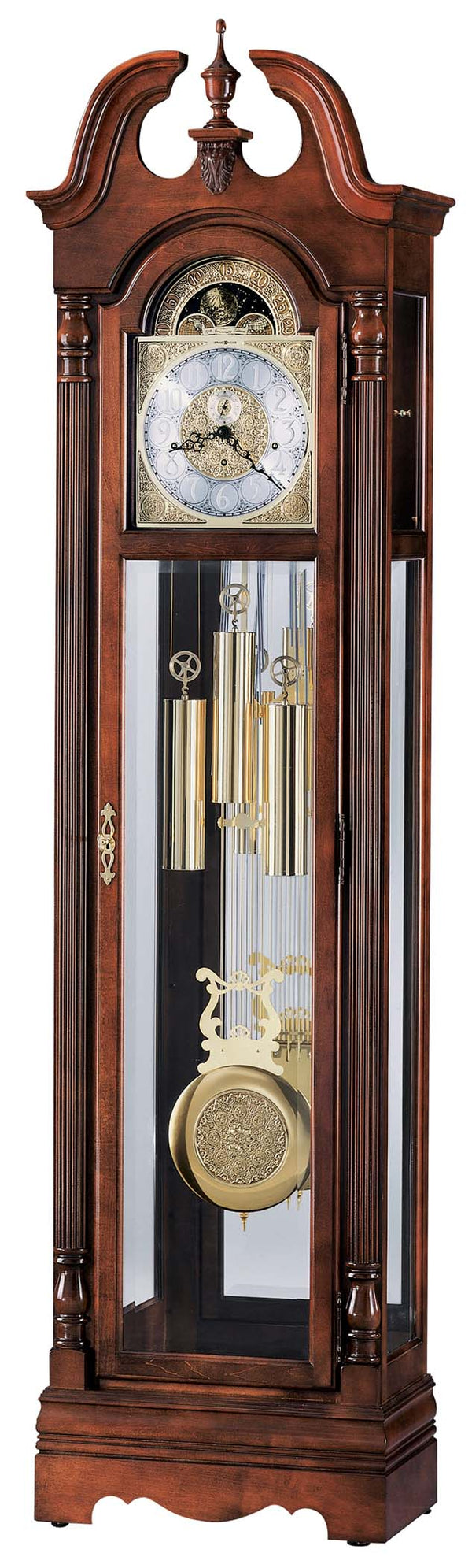 Hekman Furniture 2587 Traditional Grandfather Clock - Glen Arbor Cherry, Illuminated Cabinet, Brass Pendulum & Chimes Glen Arbor Cherry Lance Grandfather Clock 2587