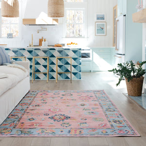 Oriental Weavers Addison Machine Washable Polyester Area Rug - Timeless Oushak Design For High-traffic Spaces Pink,Blue Polyester Aadd01200280st