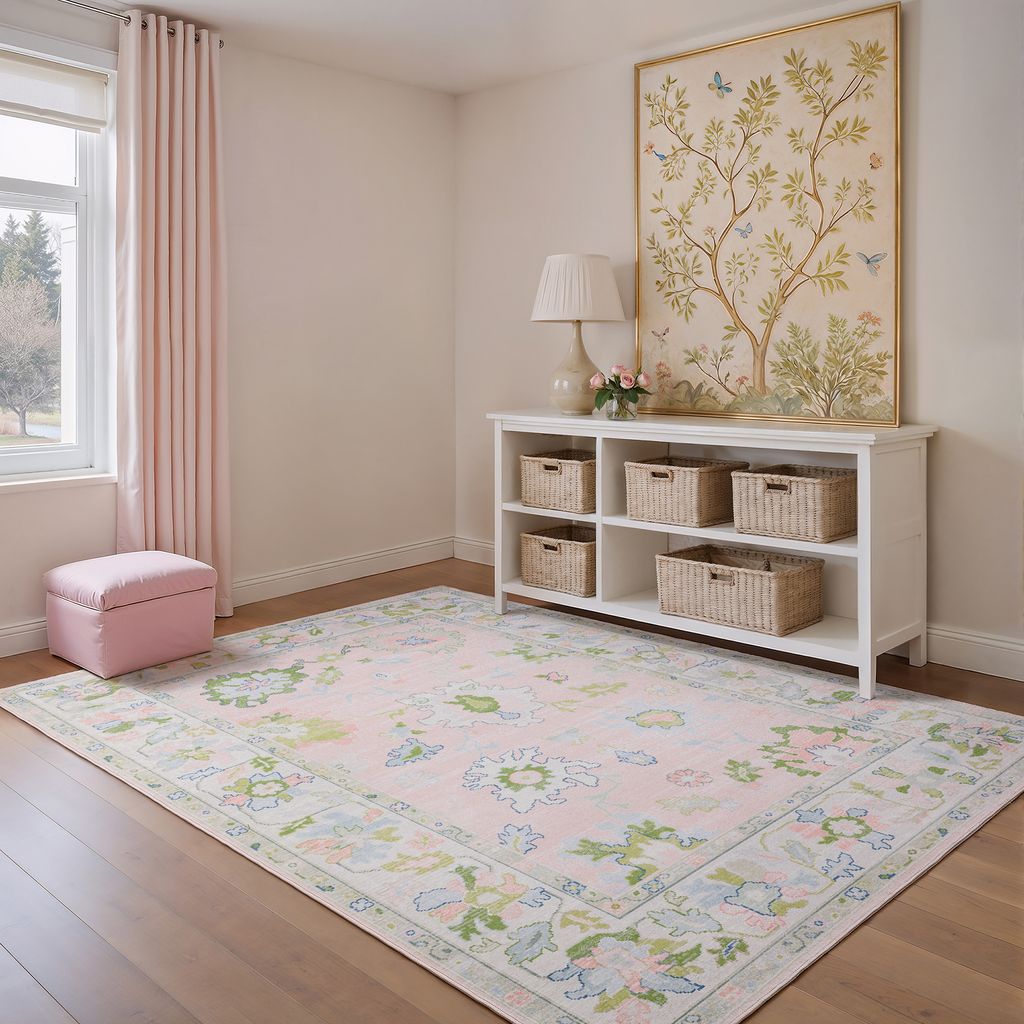 Addison Pink and Green Indoor Area Rug – Machine Washable, Elegant Ous