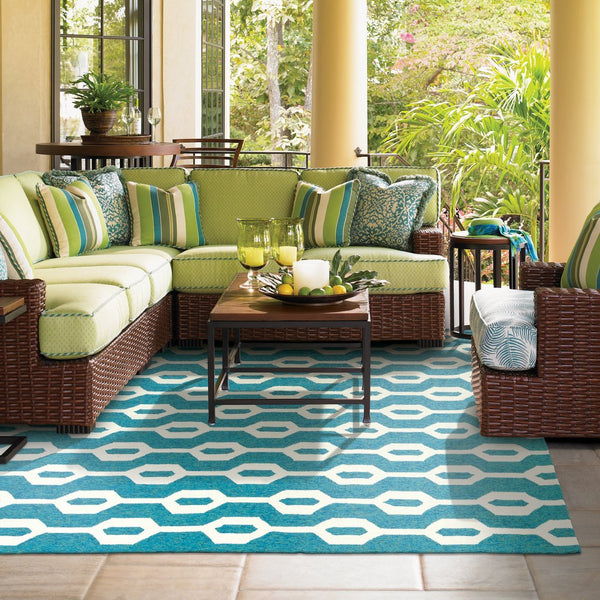 Oriental Weavers Atrium Indoor/Outdoor Area Rug - Hand-hooked, Stylish Geometric Patterns For Versatile Home Decor Blue,Ivory Polypropylene A51102107168st