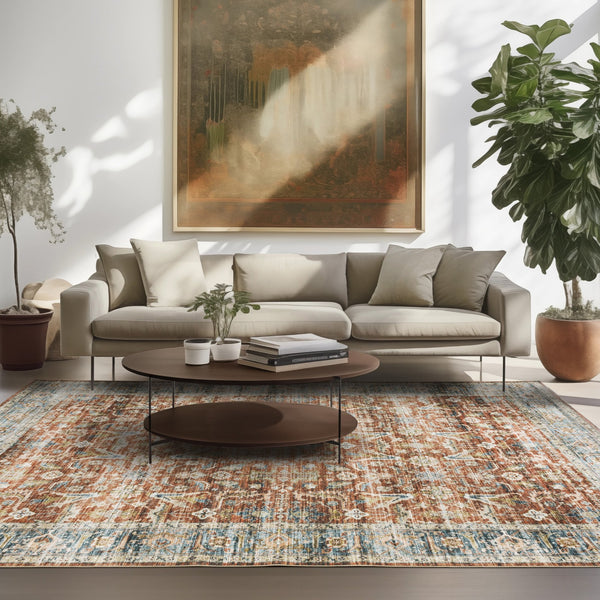 Oriental Weavers Charleston Indoor Area Rug - Machine Washable, Non-slip Backing & Distressed Traditional Design Rust,Blue Polyester Ccha04152213st