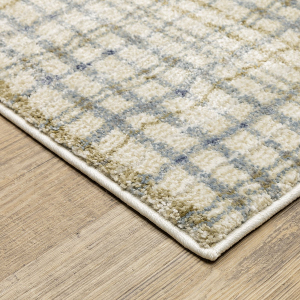 Oriental Weavers Gemma Plush High-Pile Runner 2'3" X 7' – Ivory Beige Plaid With Soft Blue & Green, Antique-Wash Finish GGEM06068213ST