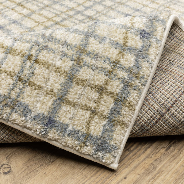 Oriental Weavers Gemma Plush High-Pile Runner 2'3" X 7' – Ivory Beige Plaid With Soft Blue & Green, Antique-Wash Finish GGEM06068213ST