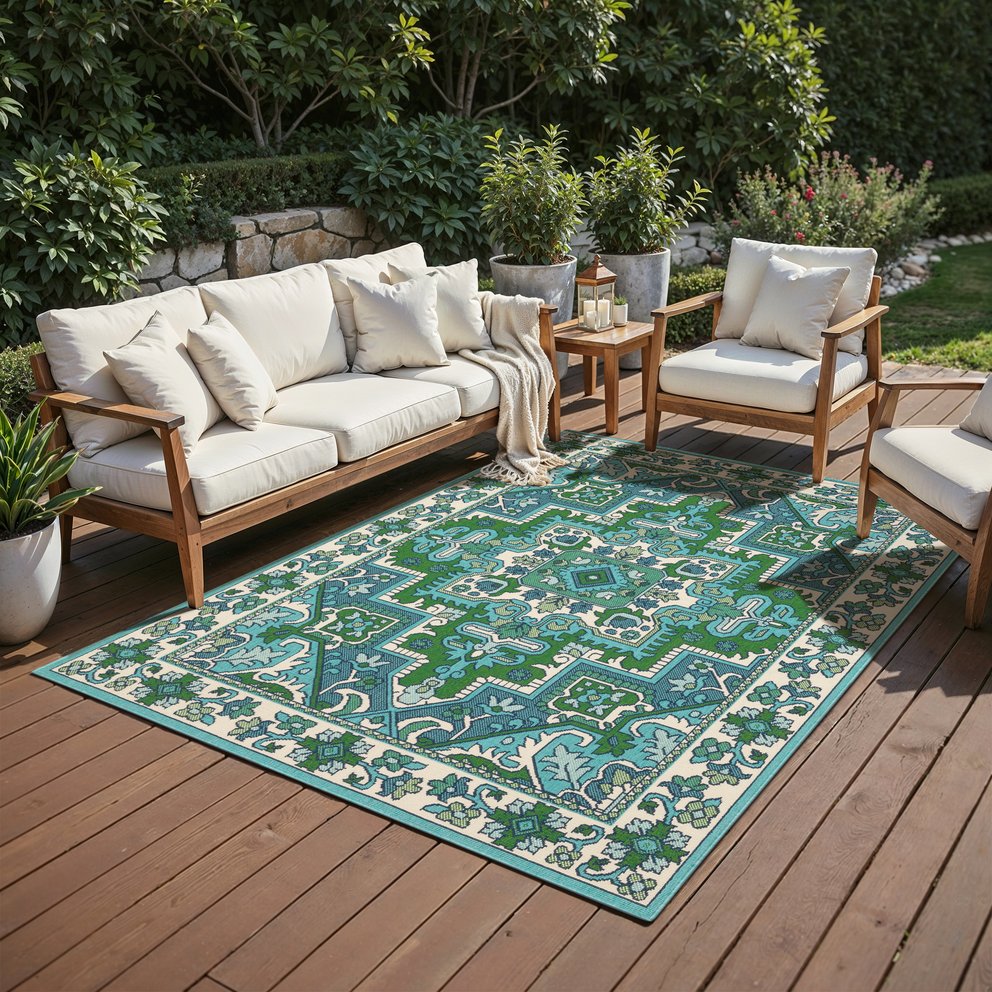 Oriental Weavers Meridian Indoor/Outdoor Area Rug – Vibrant Tricolor Design With Geometric Patterns For Every Space Blue,Green Polypropylene M2808g160230st