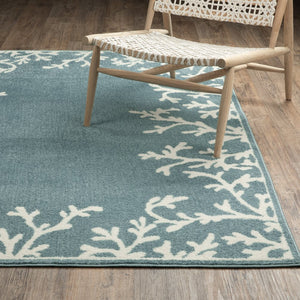 Oriental Weavers Quinn Ocean Blue & Ivory Coral Area Rug 5'3" X 7' — Machine‑Woven Frieze, Coastal Comfort Durable Care QQUI07160213ST