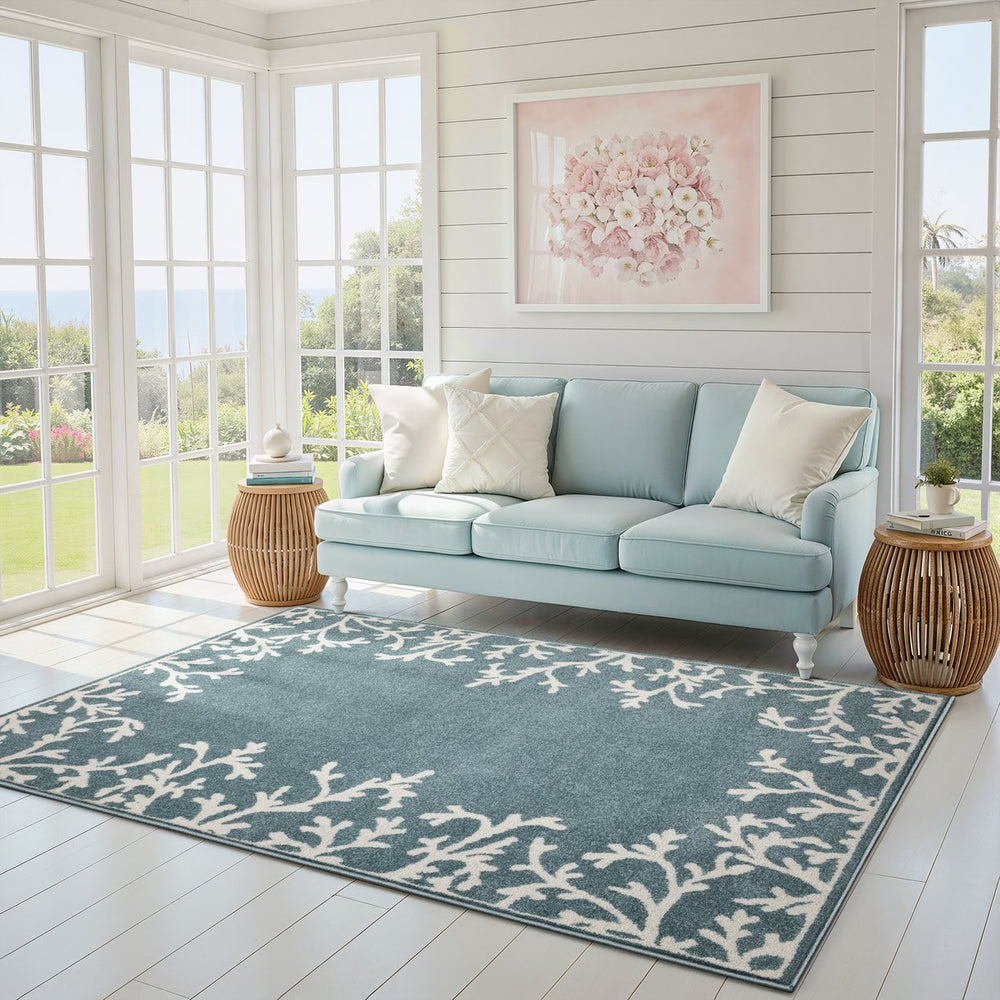 Oriental Weavers Quinn Ocean Blue & Ivory Coral Area Rug 5'3" X 7' — Machine‑Woven Frieze, Coastal Comfort Durable Care QQUI07160213ST