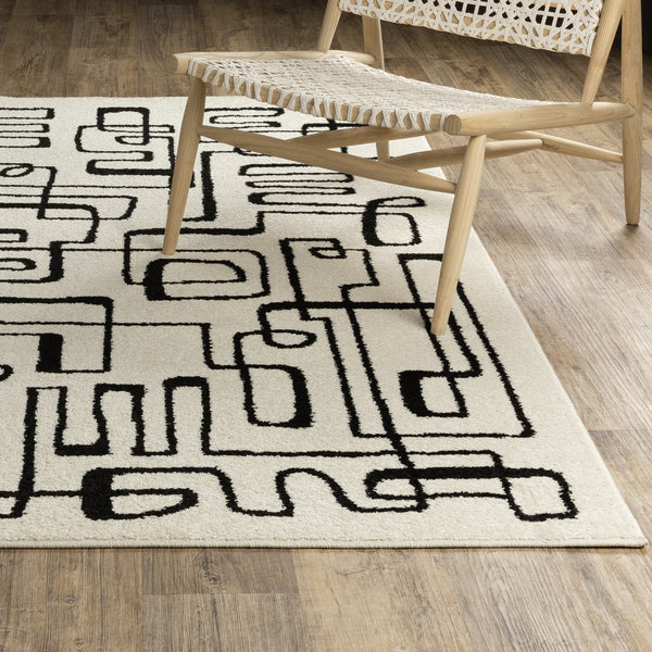 Oriental Weavers Quinn Modern Maze Beige Area Rug With Black Loop Pattern, Durable Polypropylene Frieze For Living Rooms 83.86'' L x 62.99'' W QQUI11160213ST