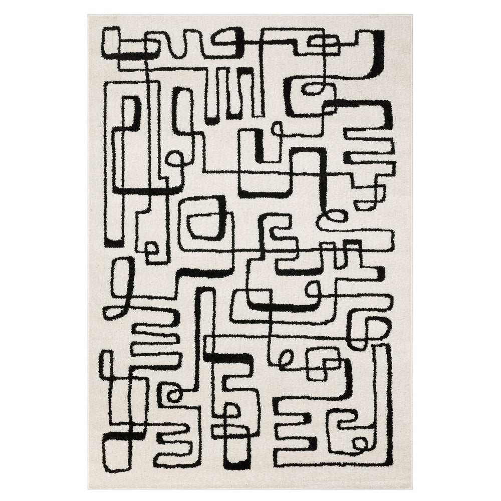 Oriental Weavers Quinn Modern Maze Beige Area Rug With Black Loop Pattern, Durable Polypropylene Frieze For Living Rooms 83.86'' L x 62.99'' W QQUI11160213ST