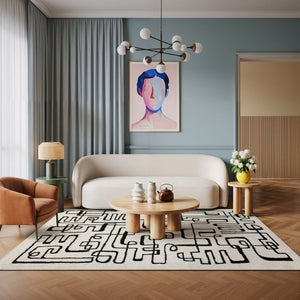 Oriental Weavers Quinn Modern Maze Beige Area Rug With Black Loop Pattern, Durable Polypropylene Frieze For Living Rooms 83.86'' L x 62.99'' W QQUI11160213ST