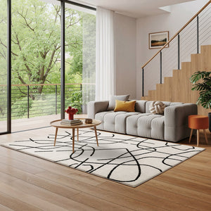 Oriental Weavers Quinn Contemporary Beige Area Rug With Bold Black Freeform Linework, Soft Frieze Pile For Comfort 83.86'' L x 62.99'' W QQUI12160213ST