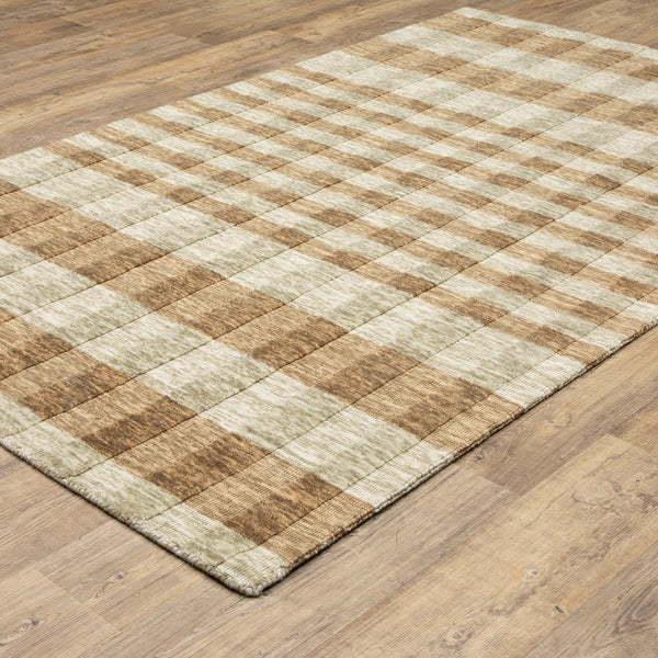 Oriental Weavers Thatcher Hand‑Loomed Beige Rust Plaid Area Rug 8'X10' – Sustainable Pet, Soft Wool Look, Low-Shedcomfort TTHA04243305ST