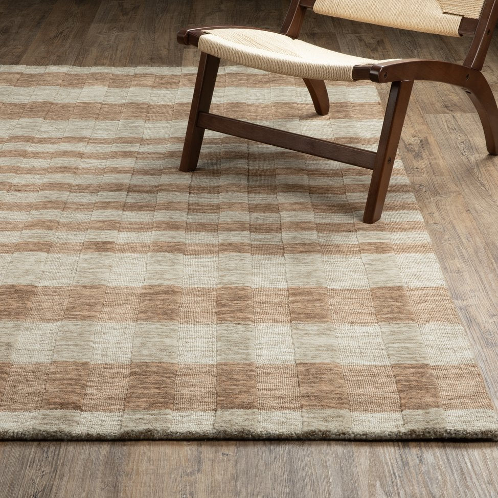 Oriental Weavers Thatcher Hand‑Loomed Beige Rust Plaid Area Rug 8'X10' – Sustainable Pet, Soft Wool Look, Low-Shedcomfort TTHA04243305ST