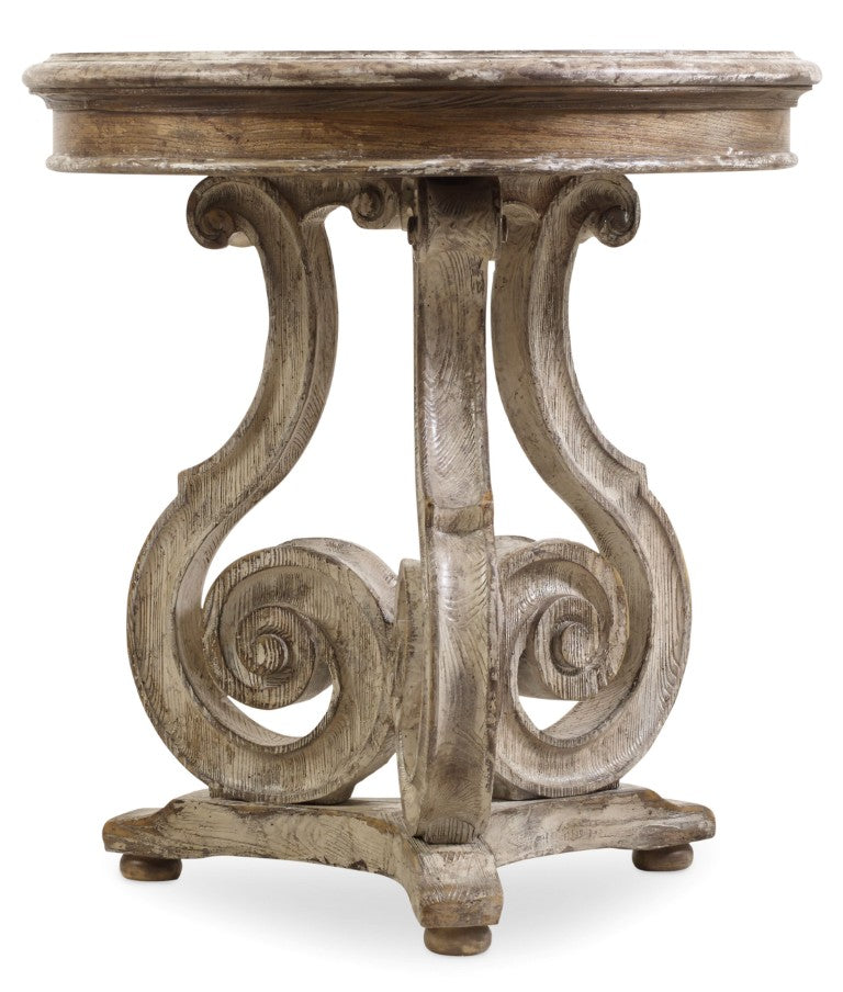 Hooker Furniture Chatelet Caramel Froth Scroll Accent Table With Pecky Pecan Veneer, Distressed Vintage Charm, 28"H 5351-50002