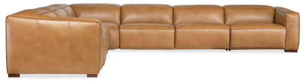 Hooker Furniture Fresco Modular 5-Seat Sectional In Warm Caramel Semi-Aniline Leather With Power Recline & Headrests 134.50 L x 171.25W x 30.50H SS404-6PC3-080