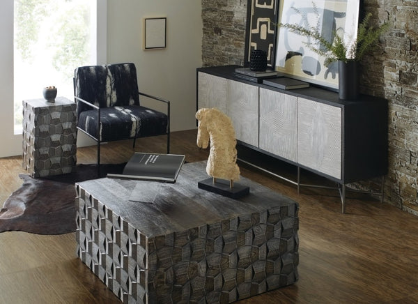 Hooker Furniture Commerce Chiseling Cocktail Table — Sculptural Mango Wood Square Table, Chiseled Carved Black Finish, Durable Elegance 7228-80151-99