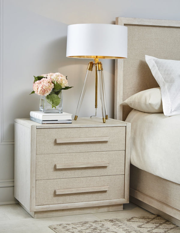 A.R.T. Furniture Cotiere Contemporary Nightstand With Usb Ports, Linen Fabric Drawers, And Adjustable Base Levelers Beige Material, Parawood Solids,Mixed Split Cathedral And Quarter White Oak Veneers,Fabric 299140-2349