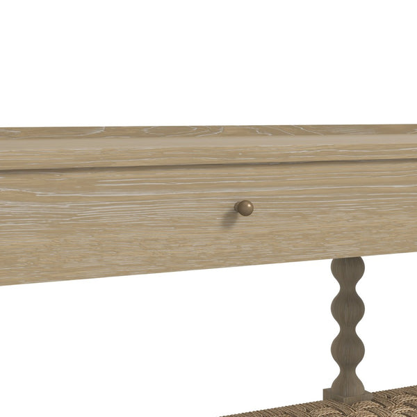 A.R.T. Furniture Haven Console Table with Rustic Sun Oak Finish, Vintage Charm, Drawers & Woven Rattan Shelves 339307-2325