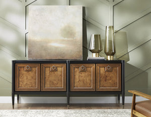 Pulaski Furniture 4-door Mid-century Modern Console With Elegant Mapa Burl Doors, Versatile Storage & Stylish Design Black Mapa Burl P301794-pulaski