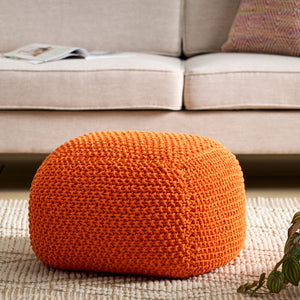English Elm Christopher Knight Home® - Hollis Handcrafted Knitted Cotton Pouf Cube - 100% Cotton Orange Ottoman, Cozy Accent Seat 20x16 62658.00ORG