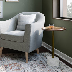English Elm Becker Round Side Table with Acacia Wood Top, Antique Brass Stem & White Marble Base, 15" x 23" B136P159926