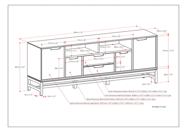 English Elm Banting Mid Century 72" TV Stand Walnut Brown - Solid Rubberwood, Metal Base, 80" TV Ready, Storage B136P158454