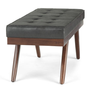 English Elm Pierce Mid Century Ottoman Bench with Distressed Vegan Faux Leather, Tufted Cushion & Solid Wood Base Black B136P159226