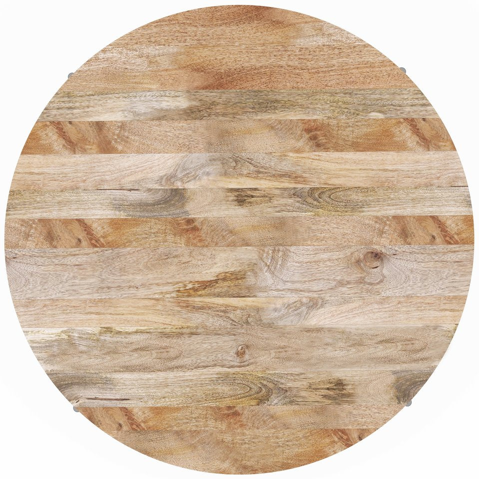 English Elm Rayburn Handcrafted Drum Coffee Table in Natural Mango Wood with Black Metal Legs, 38" Round, Modern Finish B136P159504