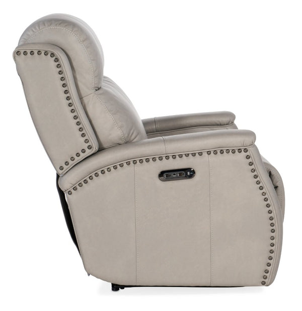 Hooker Furniture Rhea Luxury Zero-Gravity Power Recliner In Sahara Ash Leather With Usb Port, Nailhead Trim Elegance Light Gray SS703-PHZ1-091