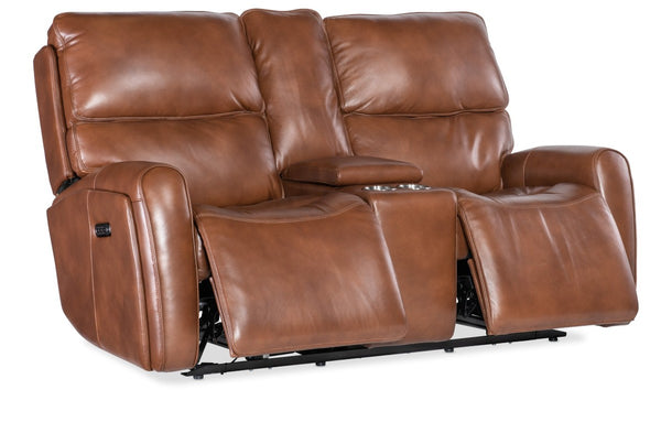 Hooker Furniture Crosby Zero Gravity Power Console Loveseat In Giotto Leather With Usb, Lift-Top Storage, Lumbar Adjustments Brown SS741-PHZL2C-080