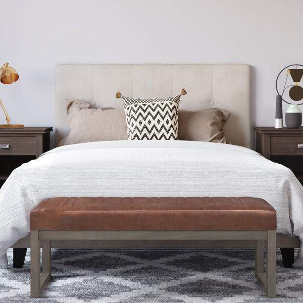 English Elm Casey Distressed Saddle Brown Ottoman Bench with Quilted Faux Leather, Solid Wood Driftwood Base, 48" Dark Brown B136P159219