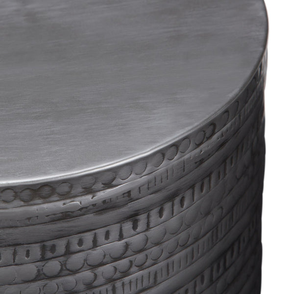 English Elm Johnsen 15-Inch Wide Handcrafted Tribal Pattern Metal Accent Table In Antique Silver Finish B136P158960