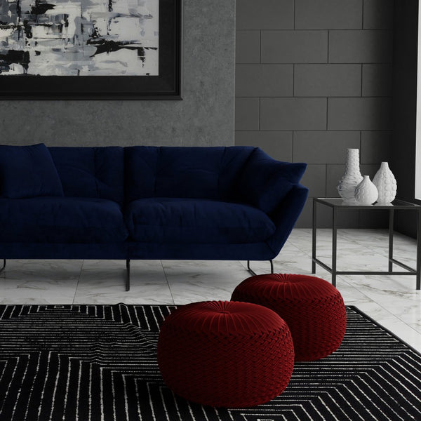 English Elm Grafton Velvet Round Pouf Ottoman — Handcrafted Maroon Tufted Velvet Accent Seat with Woven Sides Red B136P159290