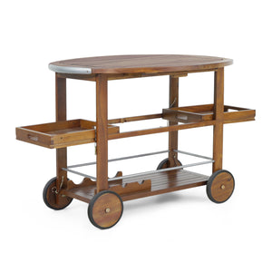 English Elm Christopher Knight Home® - BAR Tillary Outdoor Acacia Wood Drop-Leaf Bar Cart with Wine Rack, Drawers & Aluminum Wheels, Oak 60987.00