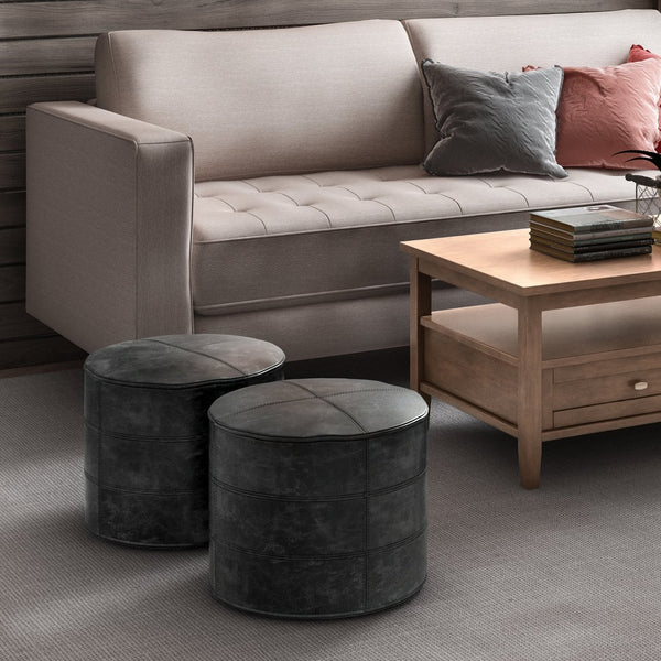 English Elm Connor Round Pouf In Distressed Black Leather – Rustic Style Footstool & Accent Furniture Piece B136P159338