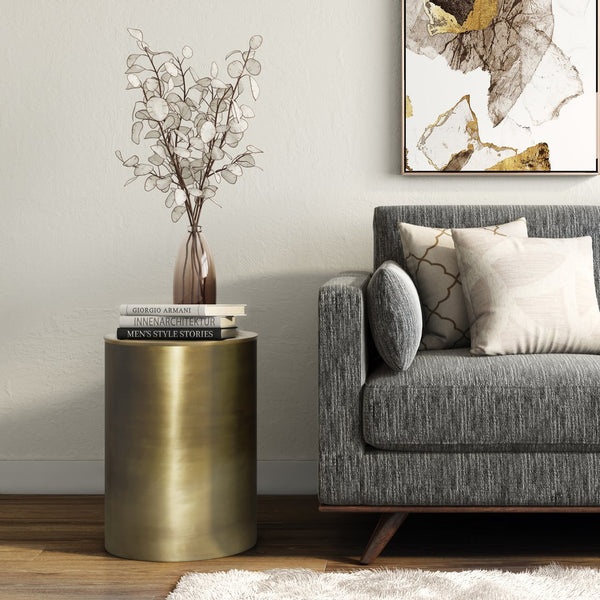 English Elm Corbin Handcrafted Metal Side Table in Antique Copper Finish — Industrial Round Cylinder End Table, 16" diameter x 21" high Gold B136P158995