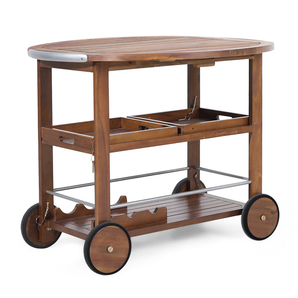 English Elm Christopher Knight Home® - BAR Tillary Outdoor Acacia Wood Drop-Leaf Bar Cart with Wine Rack, Drawers & Aluminum Wheels, Oak 60987.00