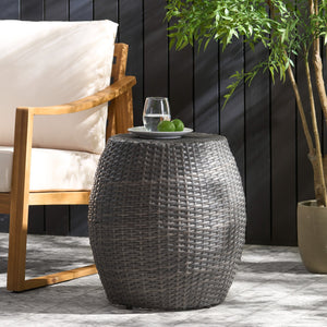 English Elm Outdoor Wicker Bombe Side Table Sculptural Iron Frame Weather Resistant Patio Accent Grey 60746.00GRY