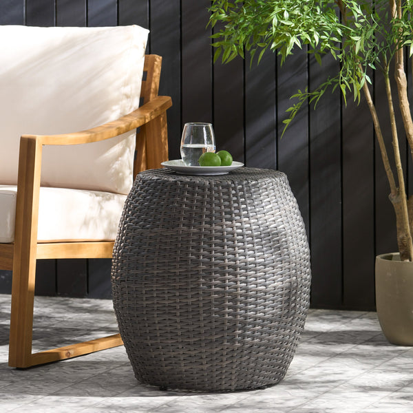 English Elm Outdoor Wicker Bombe Side Table Sculptural Iron Frame Weather Resistant Patio Accent Grey 60746.00GRY