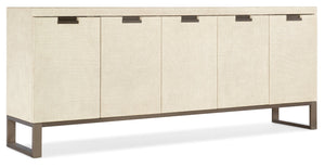 Hooker Furniture Cascade Server With Pebble Beach Lacquered Burlap Finish, Champagne Accents, Soft-Close Doors — Spacious 82" Storage 6120-75907-05