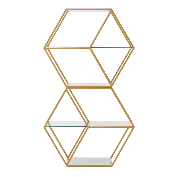 Homelegance By Top-Line Parveen Hexagon Wood and Glass 4-Shelf Modular Bookcase Gold Iron