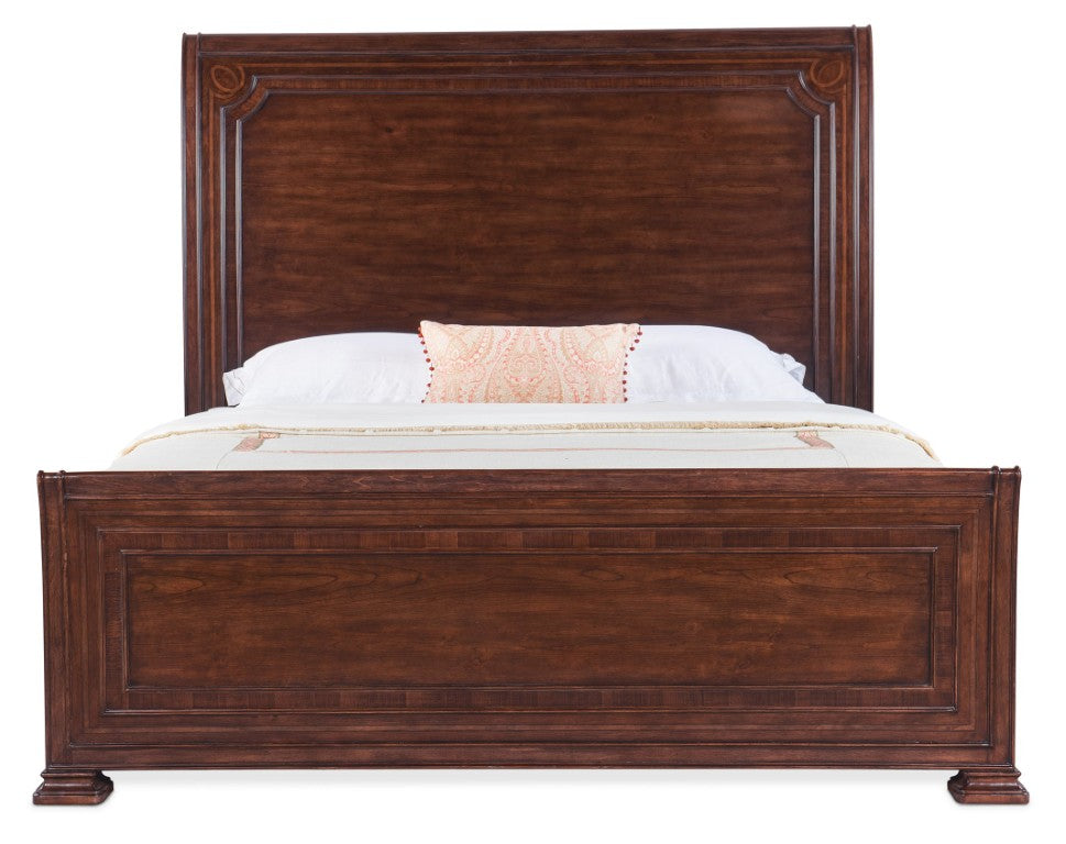 Hooker Furniture Charleston Queen Sleigh Bed With Maraschino Cherry Finish, Walnut Inlay, Raised Panels & Classic Appeal 93.00 L x 66.50W x 68.00H 6750-90450-85