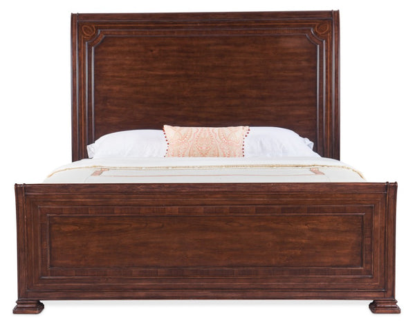 Hooker Furniture Charleston Queen Sleigh Bed With Maraschino Cherry Finish, Walnut Inlay, Raised Panels & Classic Appeal 93.00 L x 66.50W x 68.00H 6750-90450-85