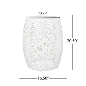 English Elm Metal Cylindrical Accent Table Powder Coated Iron with Tropical Palm Leaf Lattice Design White 73613.00WHI