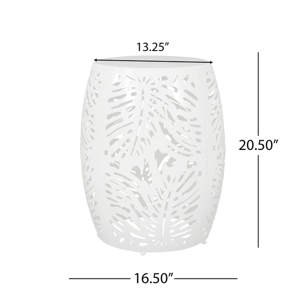 English Elm Metal Cylindrical Accent Table Powder Coated Iron with Tropical Palm Leaf Lattice Design White 73613.00WHI