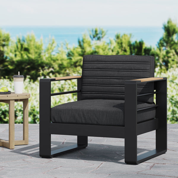 English Elm Christopher Knight Home® - Outdoor Club Chair Aluminum Frame with Water-Resistant Cushions, Slat Design, Rust-Resistant Finish 71734.00BLK-2