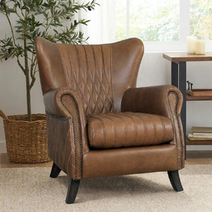 Pasargad Harrison Wing Chair - Luxurious Top Grain Leather Upholstered Comfort In Elegant Brown Brown Leather Chair-018-1
