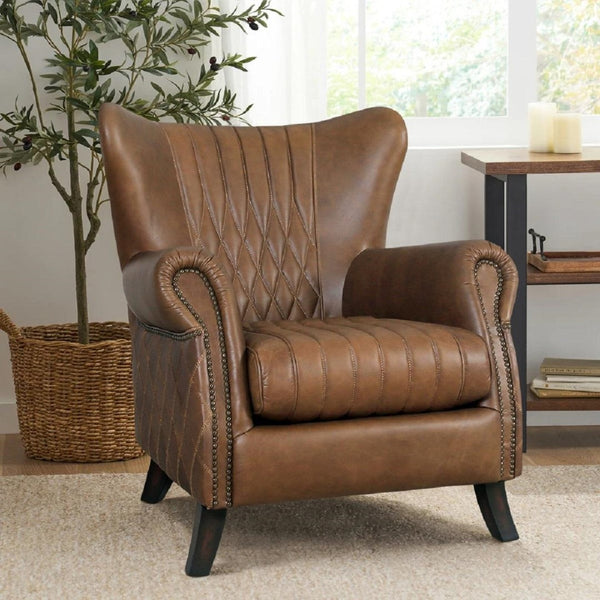 Pasargad Harrison Wing Chair - Luxurious Top Grain Leather Upholstered Comfort In Elegant Brown Brown Leather Chair-018-1