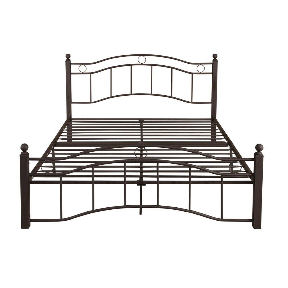 English Elm Queen Iron Platform Bed Camelback Headboard Geometric Finial Posts Victorian Loft Style Copper 63298.00HMCOP-Q